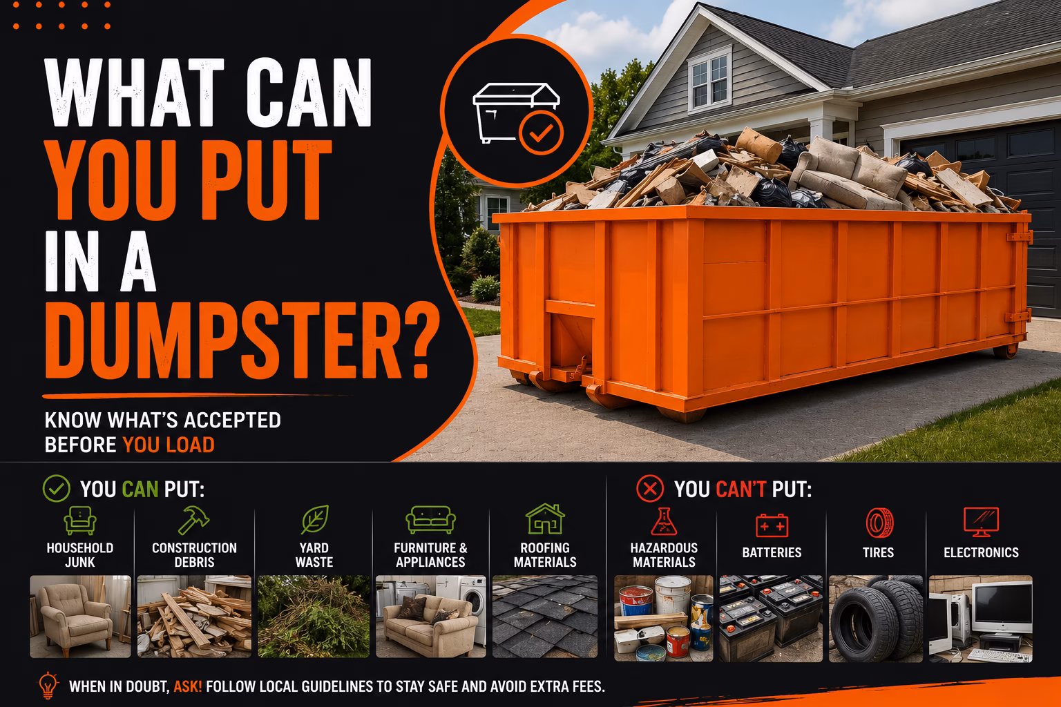 Feature image showing a large orange dumpster filled with household junk and debris outside a house, with text “What Can You Put in a Dumpster?” on a dark background, plus icons showing accepted items like furniture and construction debris and restricted items like batteries, tires, and electronics.