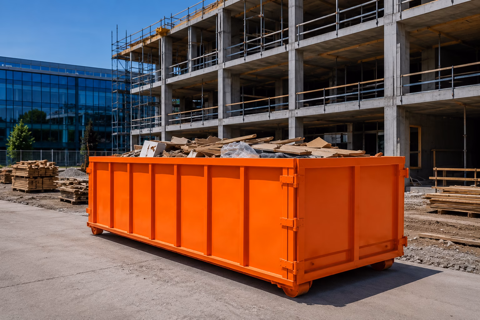 Orange dumpsters placed at a residential property and commercial construction project, showcasing waste management solutions for homeowners and businesses in Plano TX.