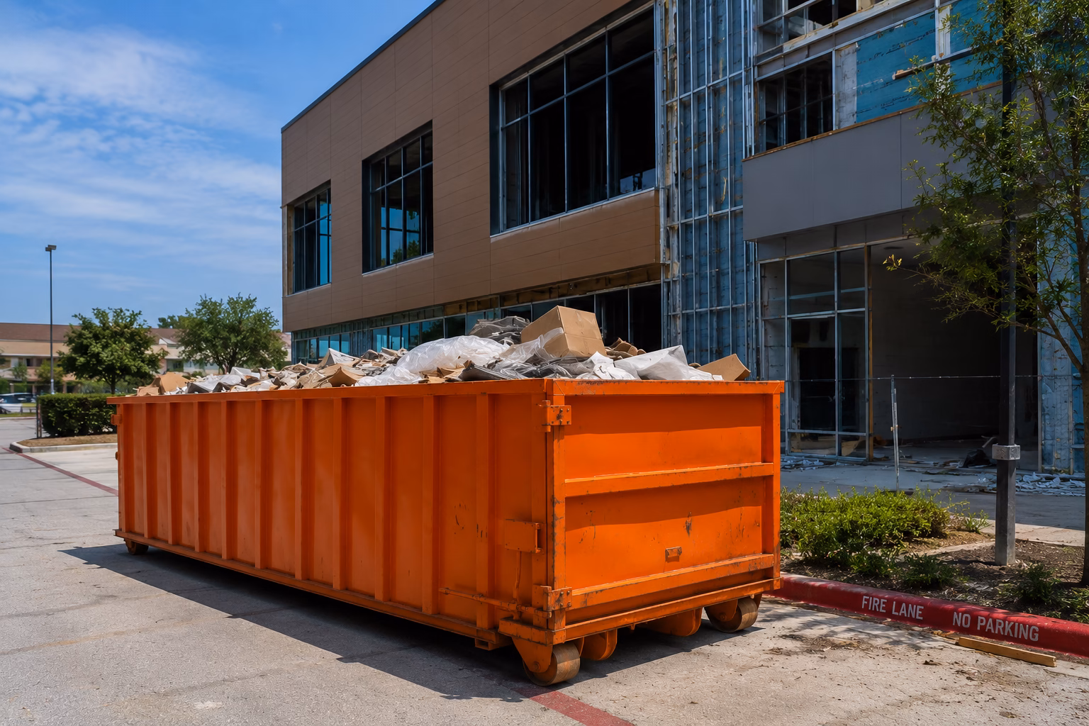Large orange roll-off dumpster positioned outside a commercial building under construction, used for debris removal and waste management in Plano, Texas.