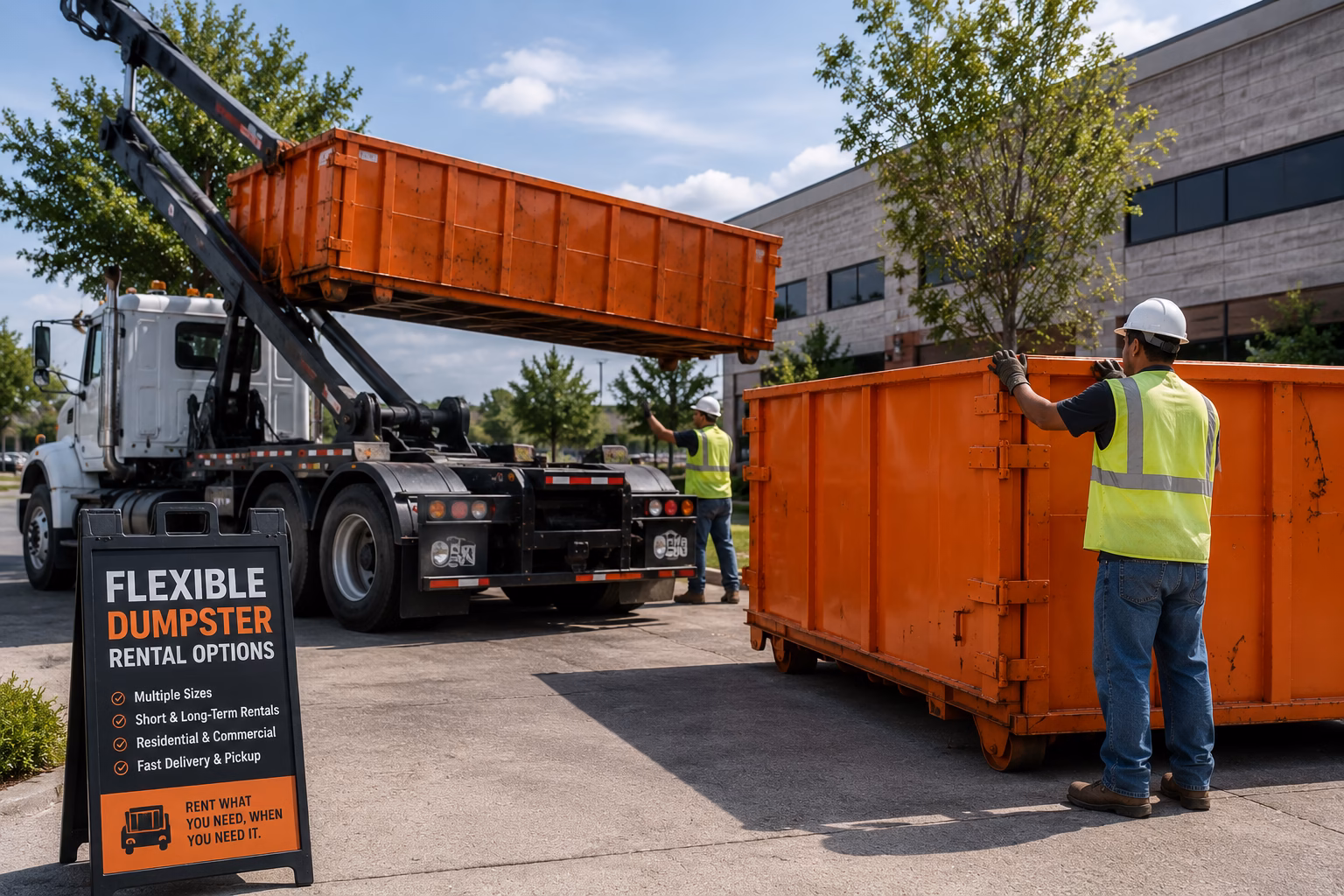 Professional workers coordinating a roll-off dumpster delivery while a dumpster truck unloads containers at a commercial property in Plano, Texas.